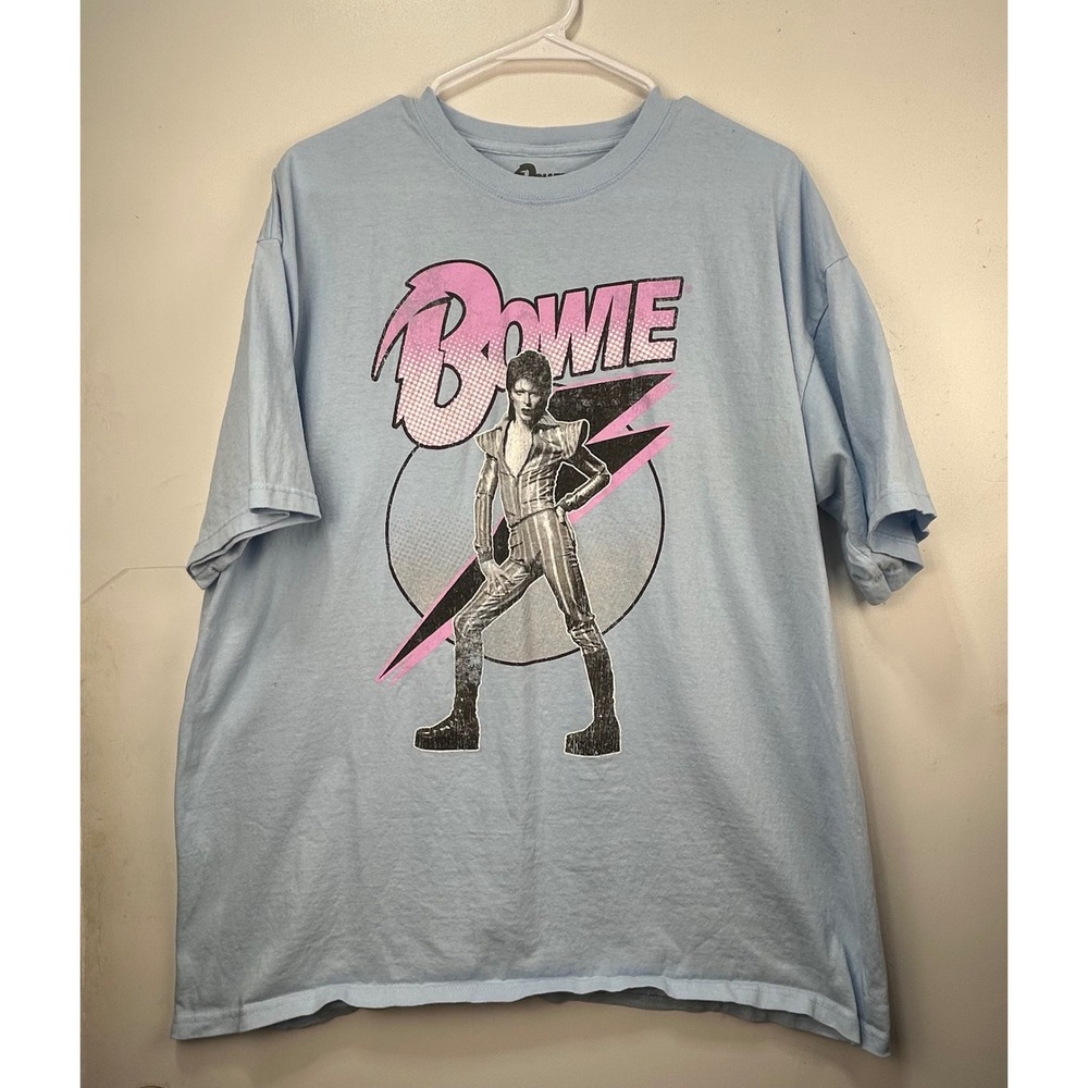 David Bowie Ziggy Stardust Graphic T-Shirt Light Blue XL Cotton Rock Band Tee